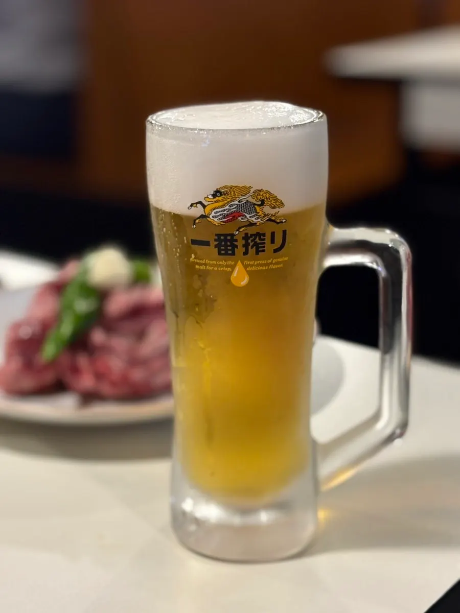 Kirin draft beer poured before eating the meat