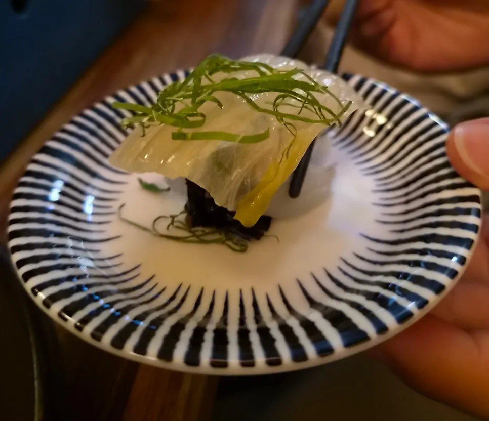 Flounder sushi assembled with aged kimchi