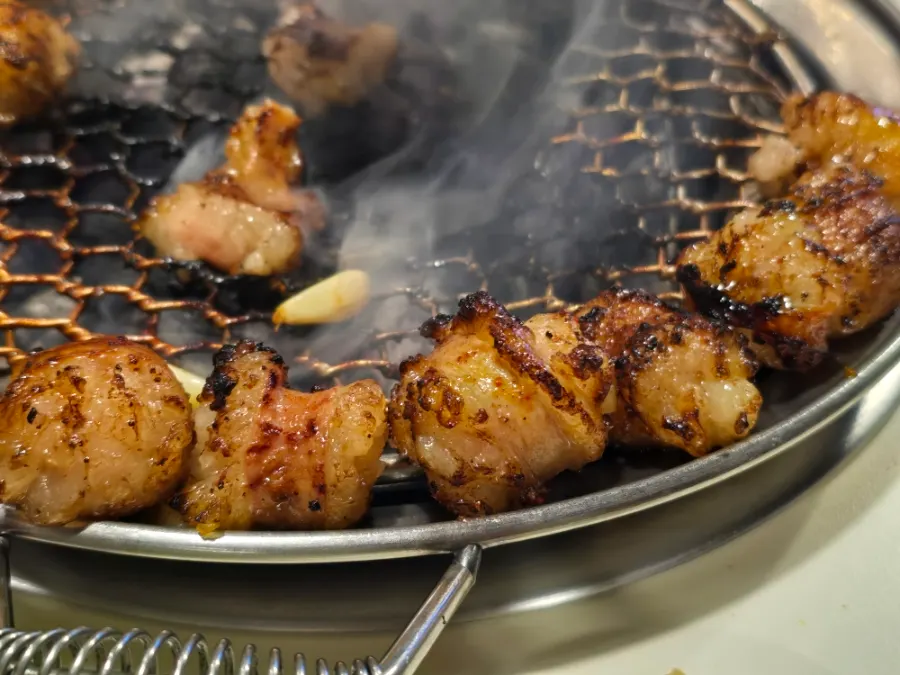 Close-up of nicely browned seasoned daechang