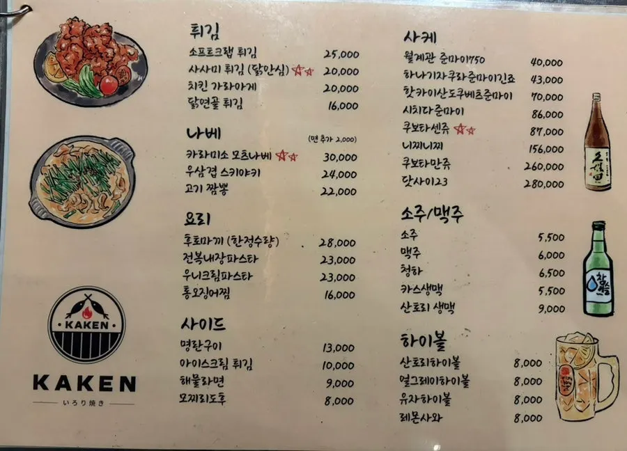 사시미와 꼬치가 적힌 카켄 메뉴판