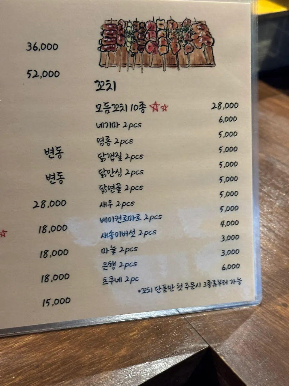 닭꼬치 종류가 적힌 카켄 메뉴