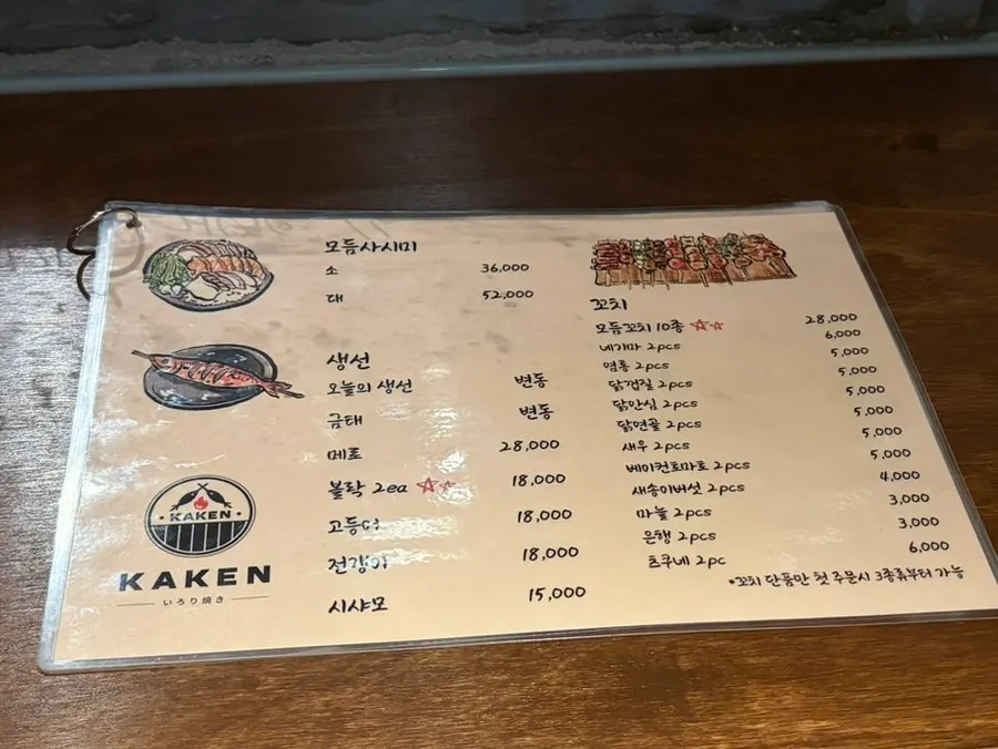 카켄 메뉴판과 안주 가격