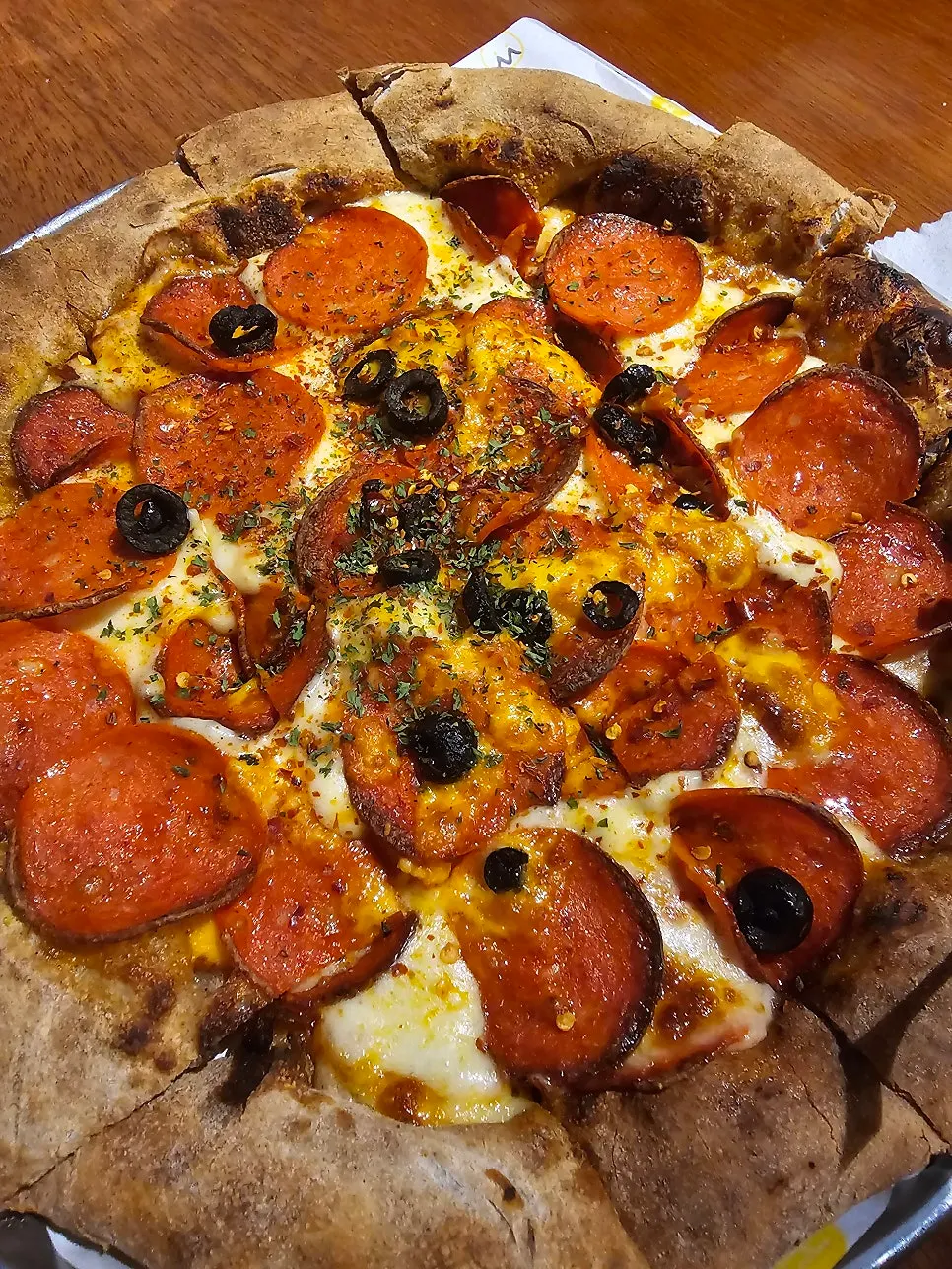 Pepperoni pizza with a cheese crust