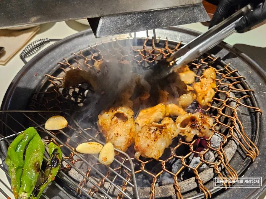 Plump hanwoo daechang grilling to golden brown