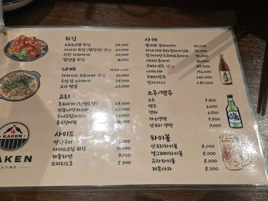 카켄 메뉴판과 주류 메뉴