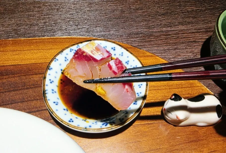 Danya's sashimi served with herbs and accompanying vegetables