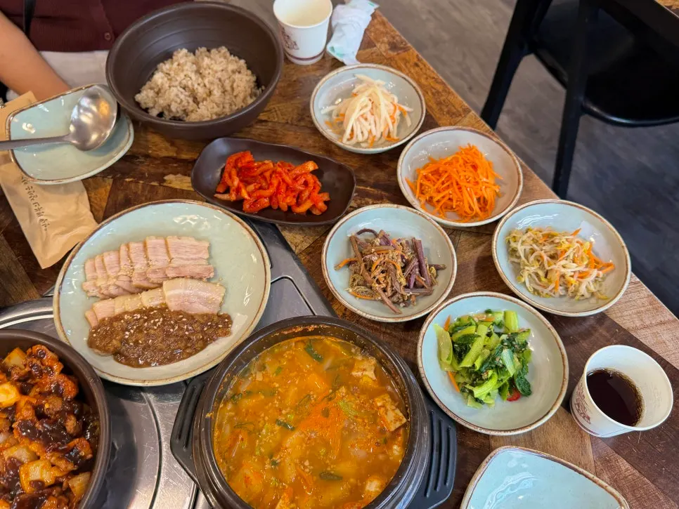 Table set with barley rice and namul side dishes