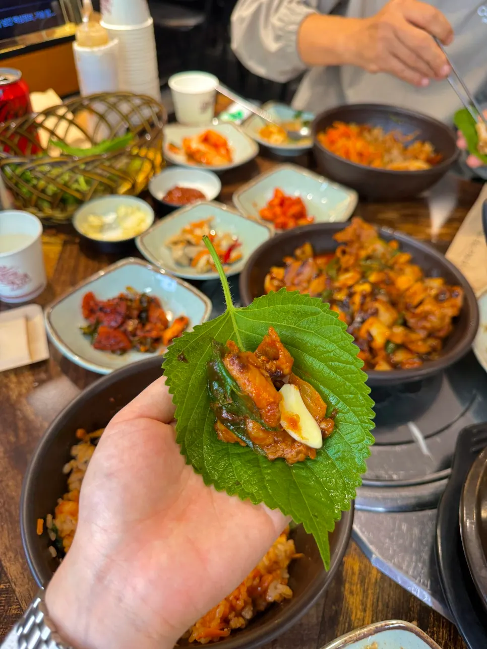 Perilla leaf wrap with mixed barley rice and bossam