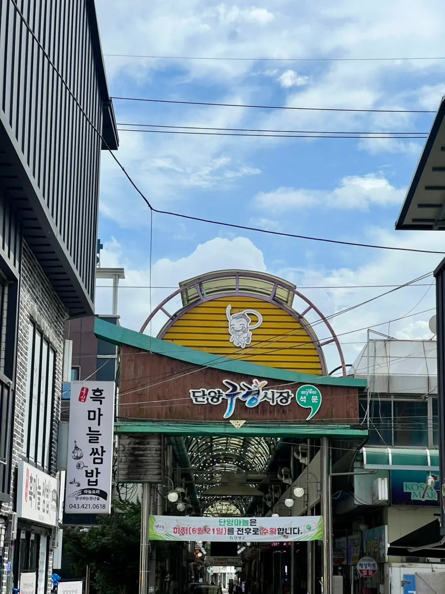 Entrance to Danyang Gugyeong Market and its garlic-specialty atmosphere