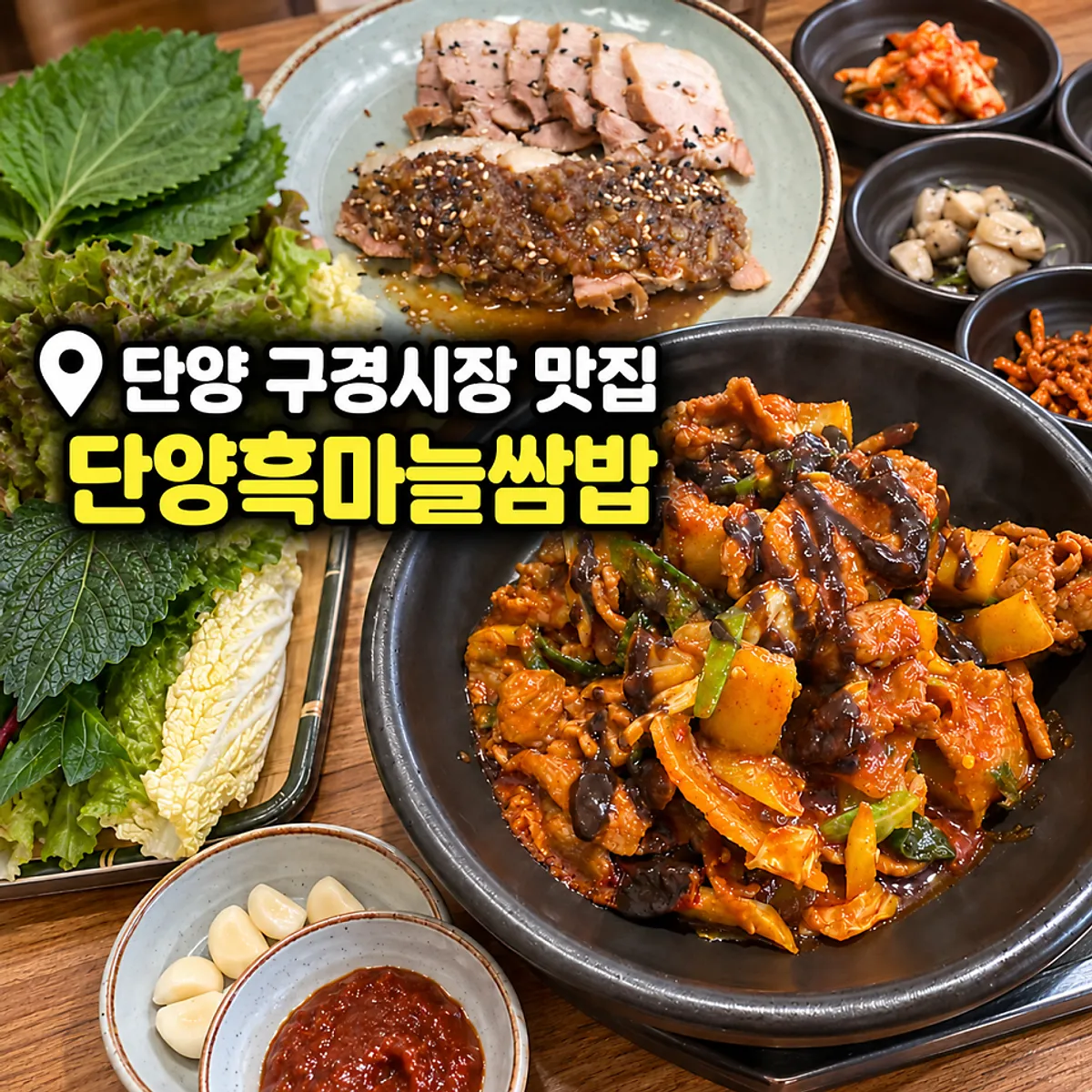 Black garlic ssambap spread enjoyed after hiking Jebibong in Danyang