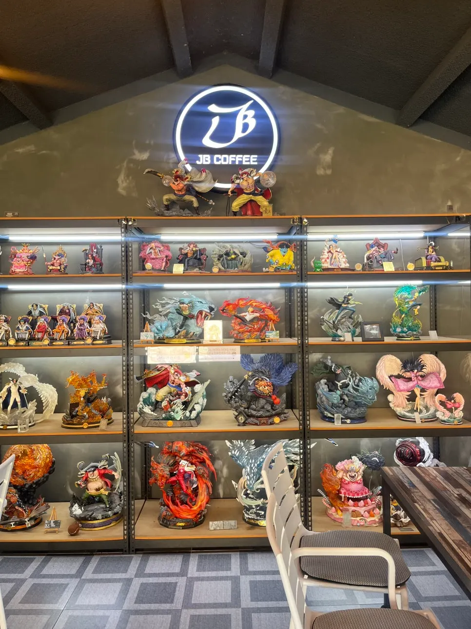 Interior of JB Coffee with One Piece figures on display