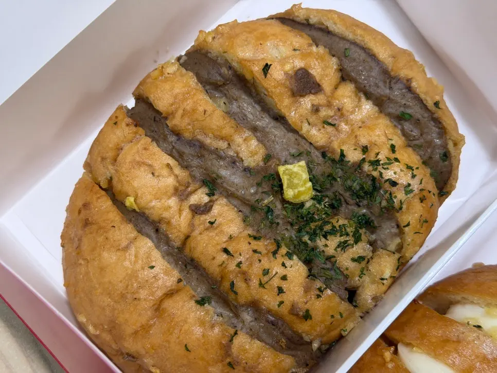 Cross-section of the black garlic cream cheese garlic bread
