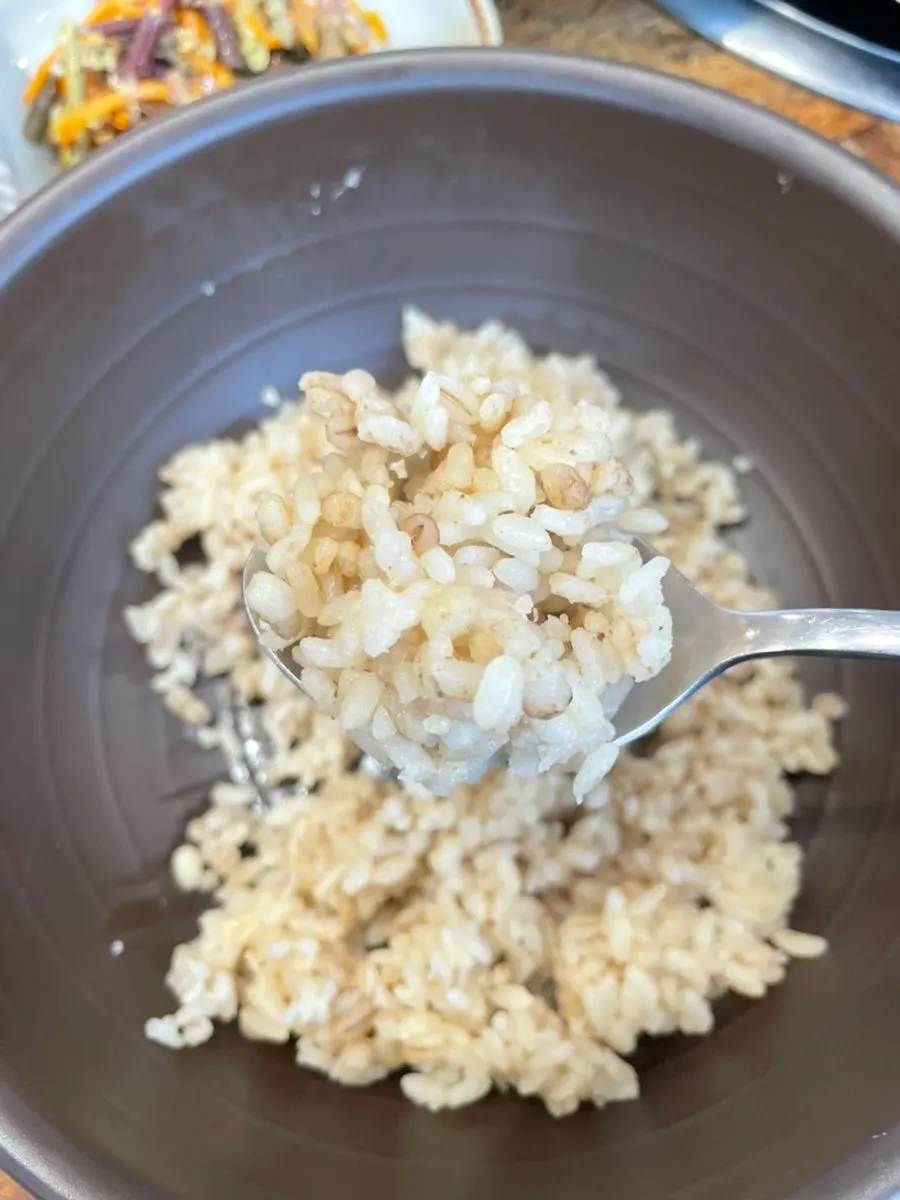 Fluffy black garlic barley rice up close
