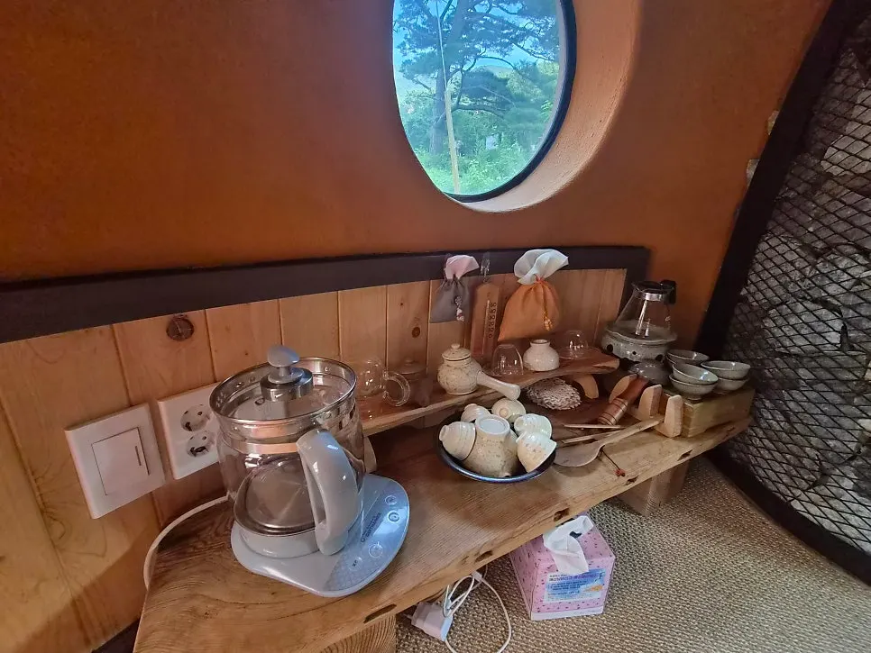 Small table inside the hwangto sauna
