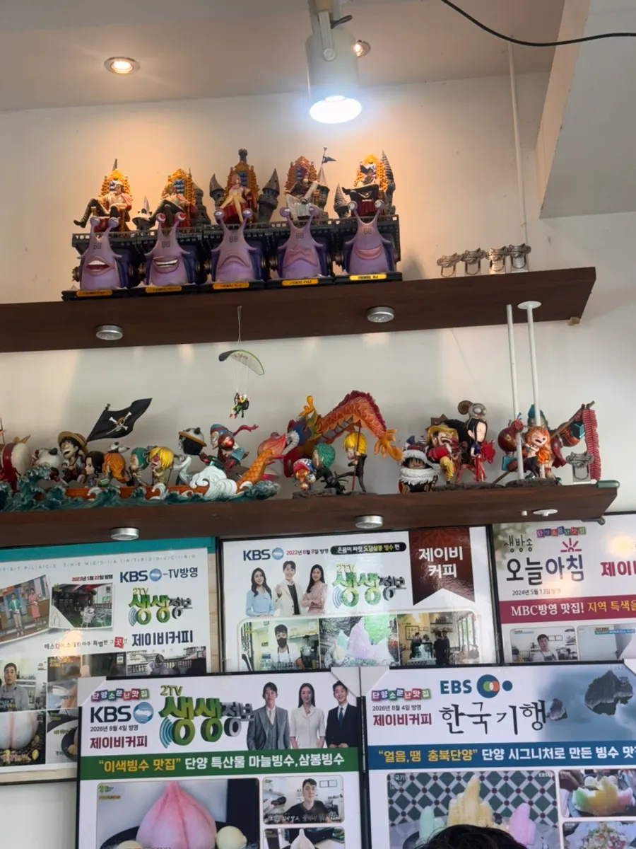 First floor of JB Coffee lined with figures