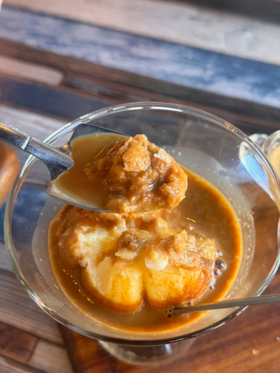 Banana affogato with the espresso shot poured over it
