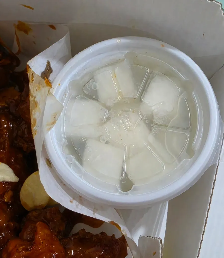 Chicken radish tucked into one side of the dakgangjeong box