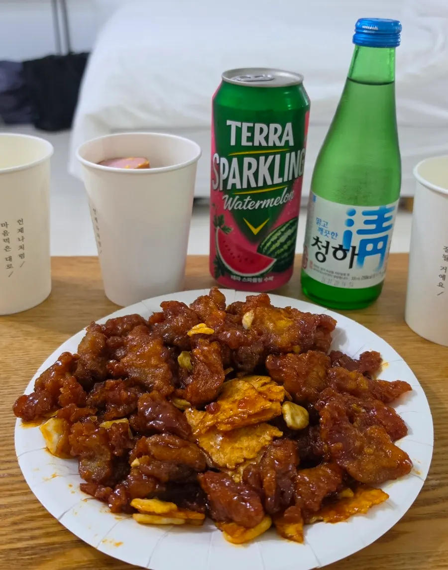 Dakgangjeong and makgeolli wrapping up dinner on the trip