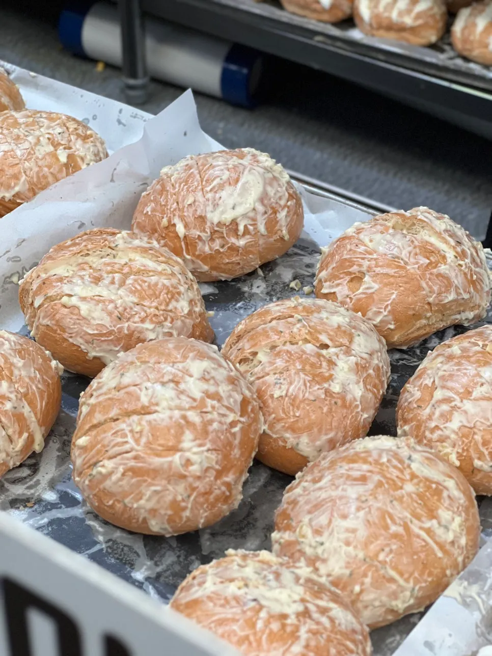Close-up of moist-looking garlic bread