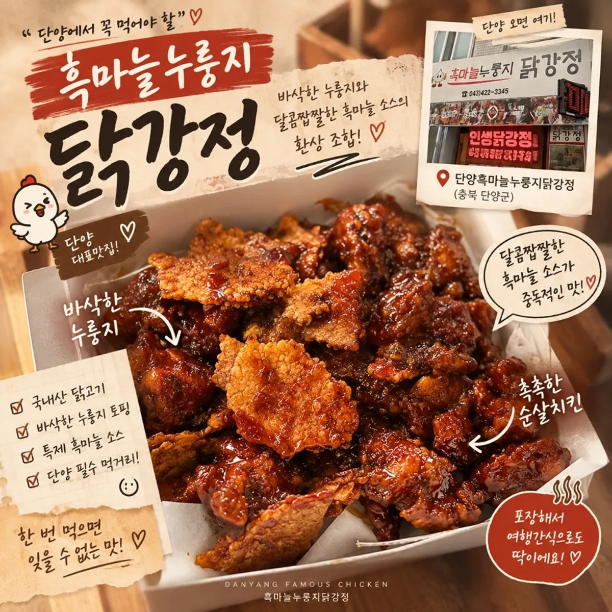Danyang Heukmaneul Nurungji Dakgangjeong double black garlic flavor takeout box