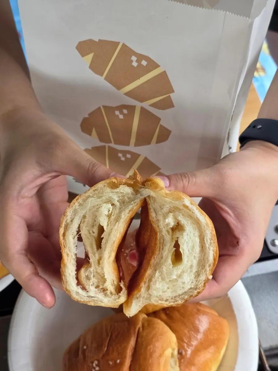 Cross-section of the salt bread torn open by hand, showing the layers