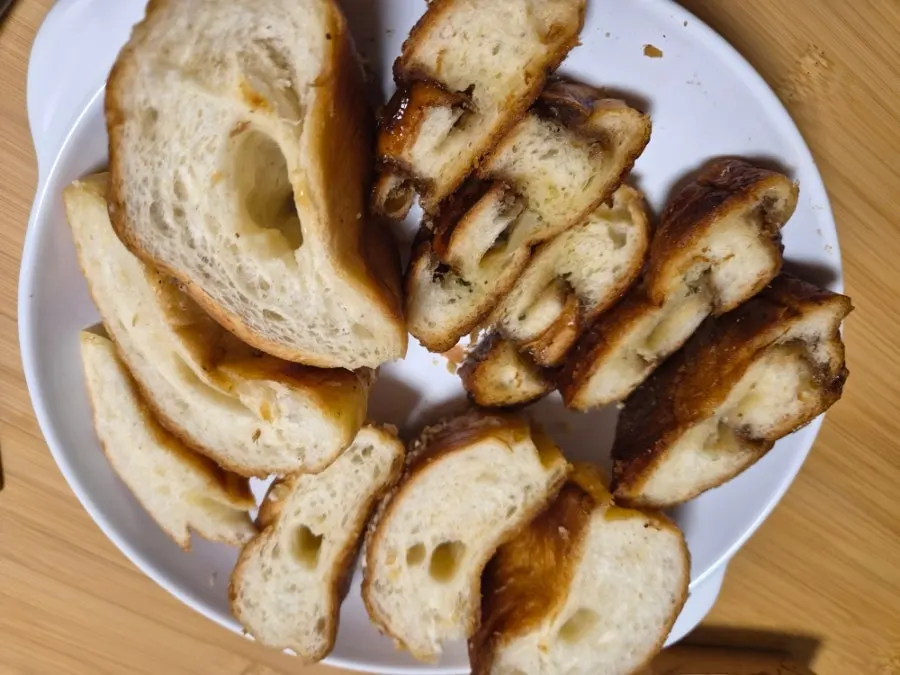Cross-section of salt bread showing the buttery core