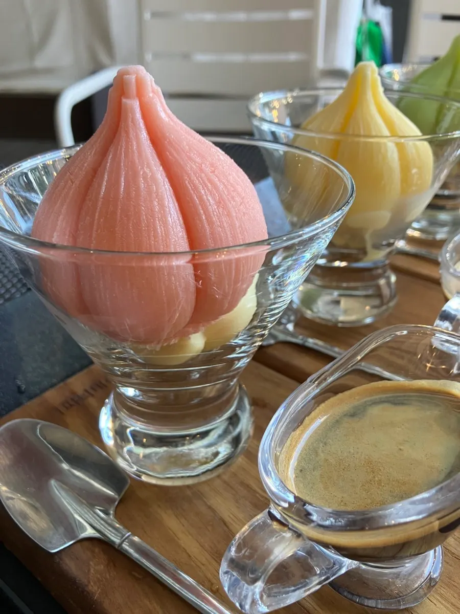 Espresso poured over the garlic-shaped bingsu