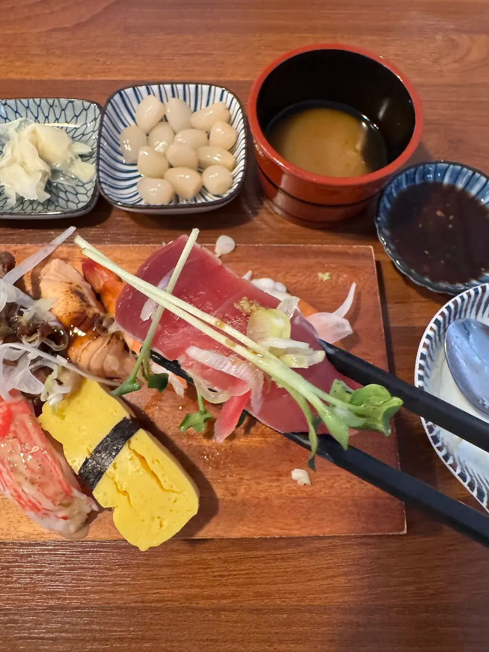 A plate of sushi made with dry-aged raw fish
