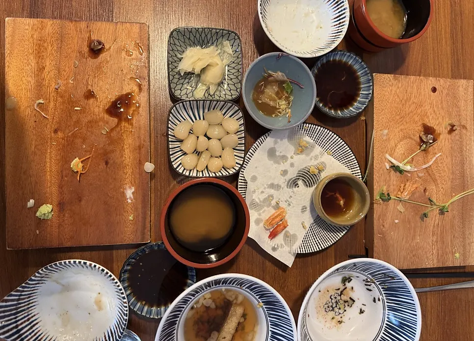 Sushi set spread after finishing the meal