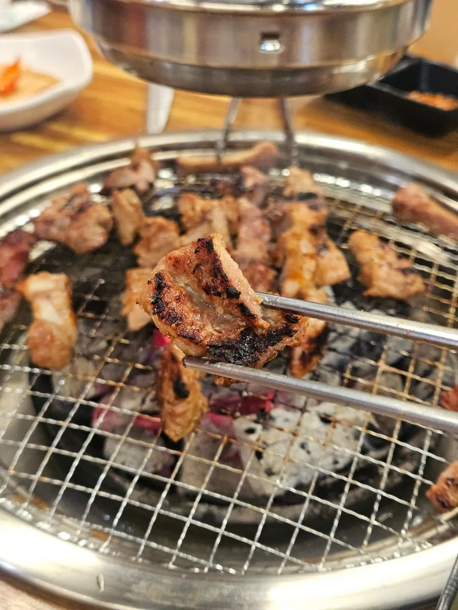 먹기 좋게 잘린 첫 점의 돼지양념갈비