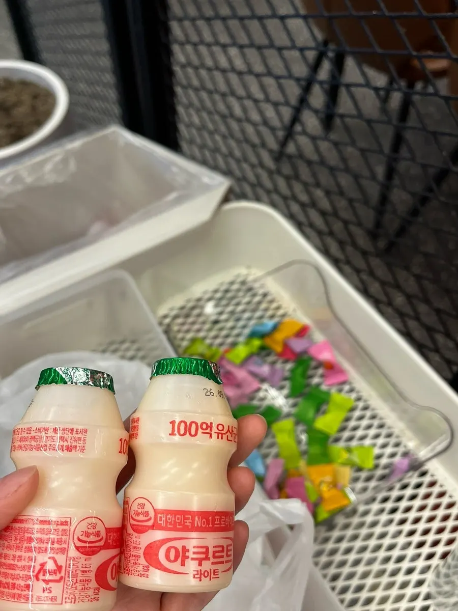 Yakult and after-dinner candy set out at the dessert corner