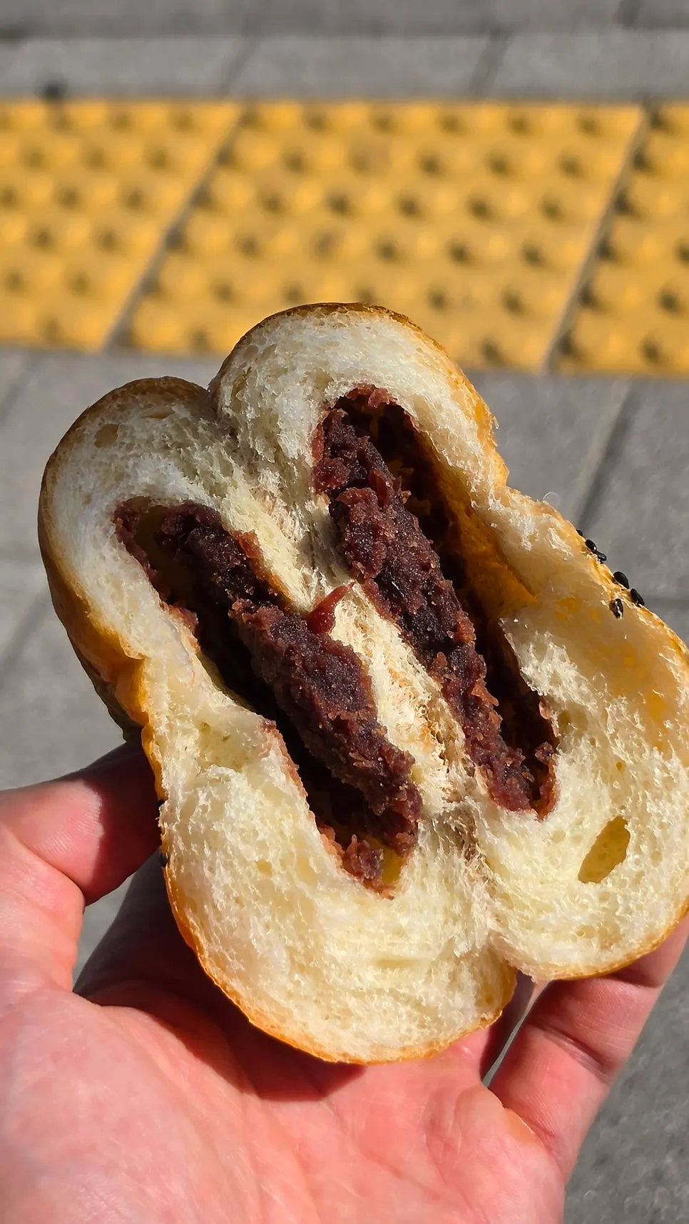 Red bean bread eaten at the bus stop