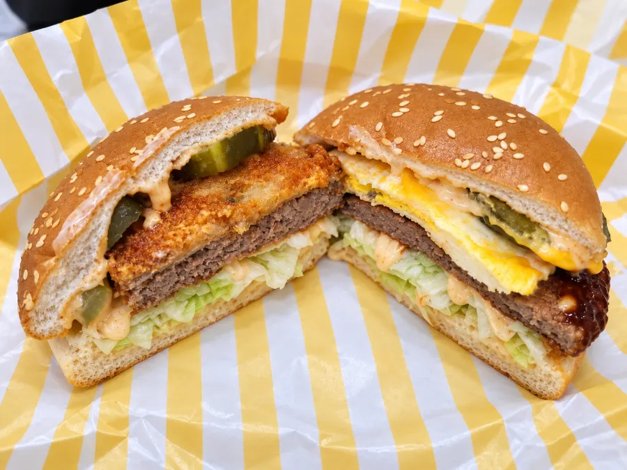 Thick Hamburg Patty and Egg Cheese Bulgogi Burger side by side