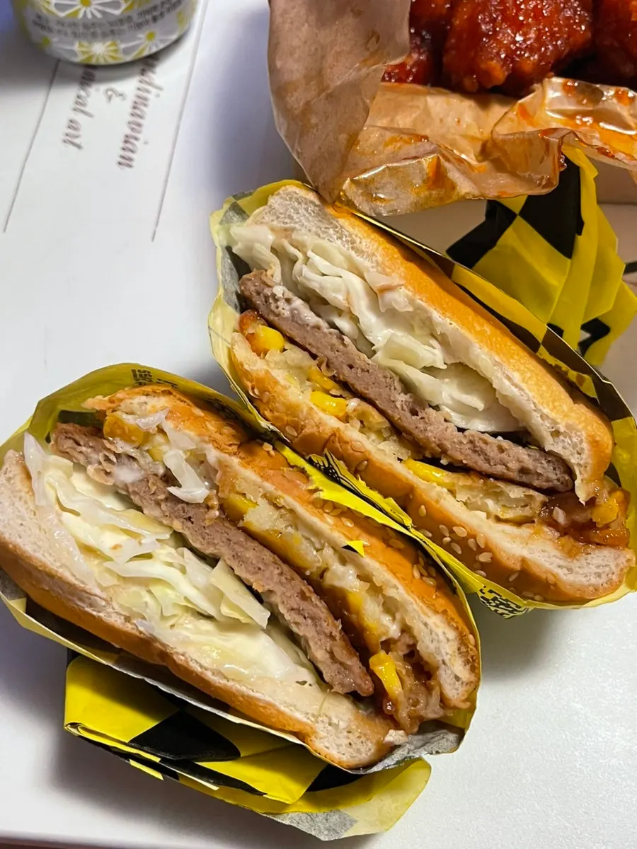 Cross-section of the egg cheese bulgogi burger cut in half