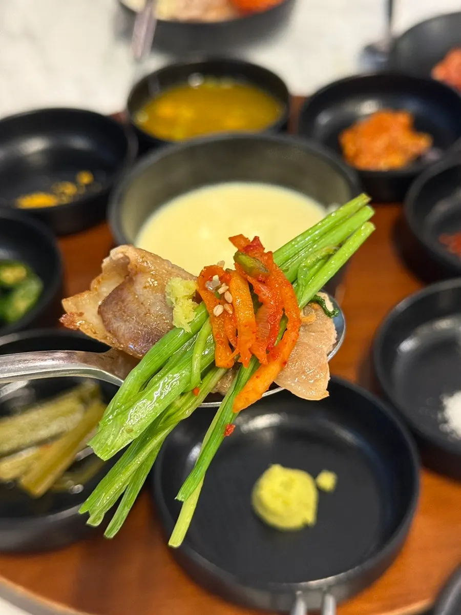 Nicely browned pork belly with kimchi