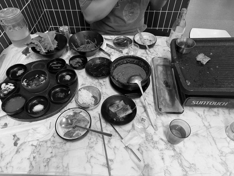 Final table spread with meat and cheonggukjang together