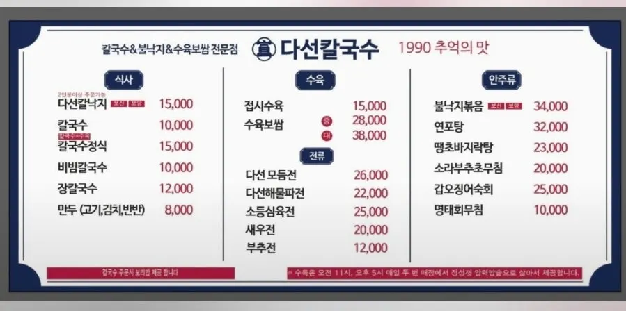 Overview of the menu offerings at Daseon Kalguksu