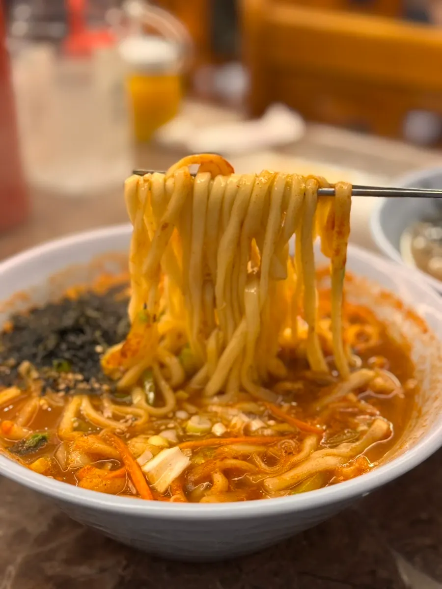 Noodles lifted from a bowl of jang kalguksu