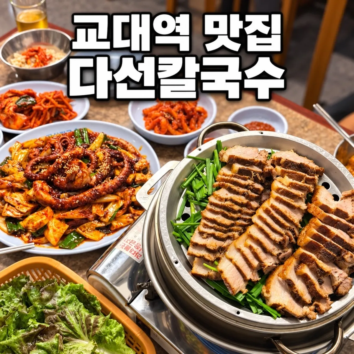 Suyuk-bossam and spicy stir-fried octopus spread at Daseon Kalguksu