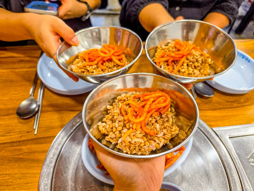A bowl of barley rice topped with mu-saengchae