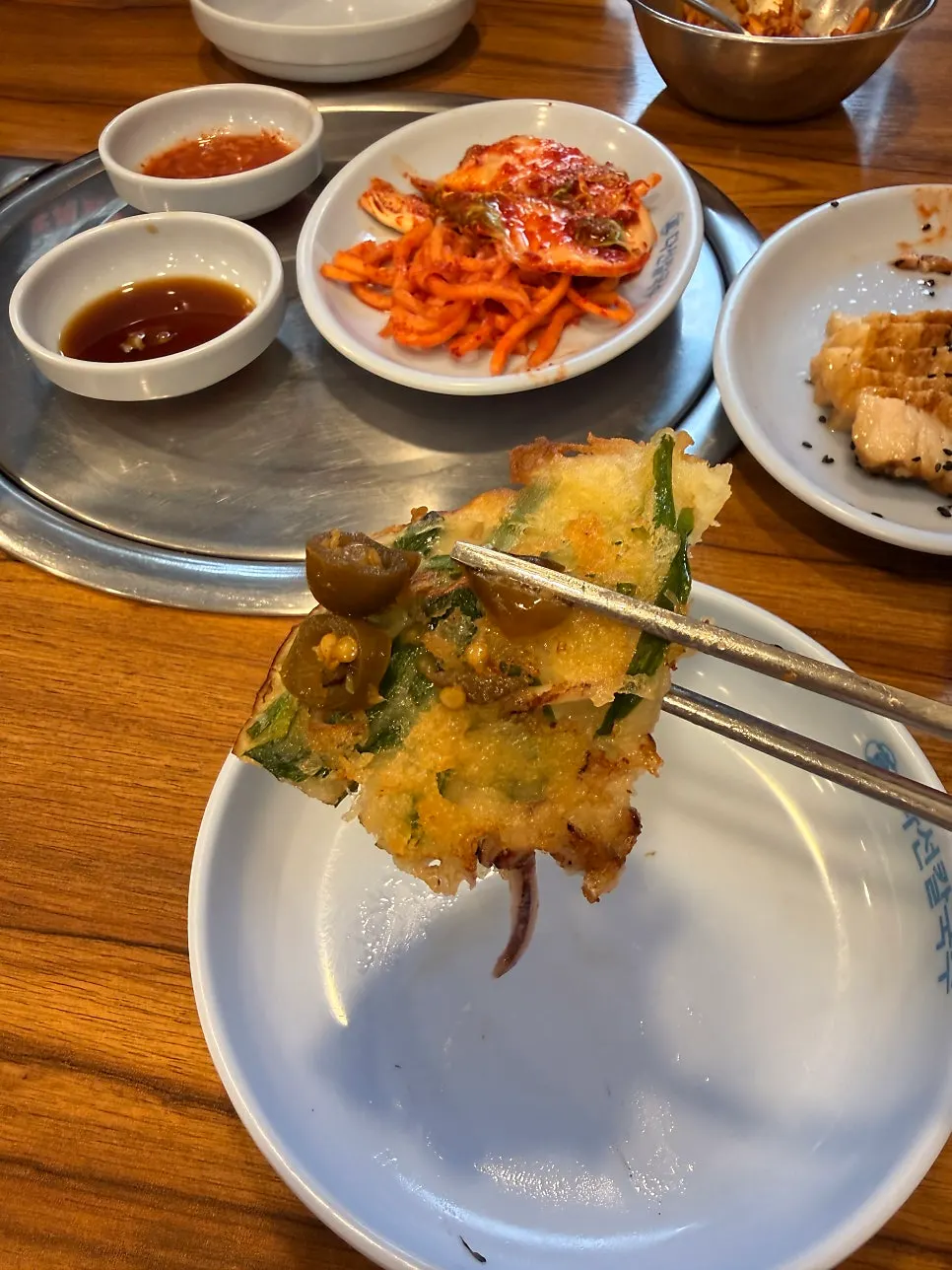 A crispy piece of seafood pancake