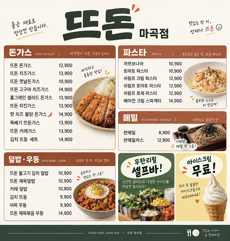 Menu and price list at Tteudon Magok Branch