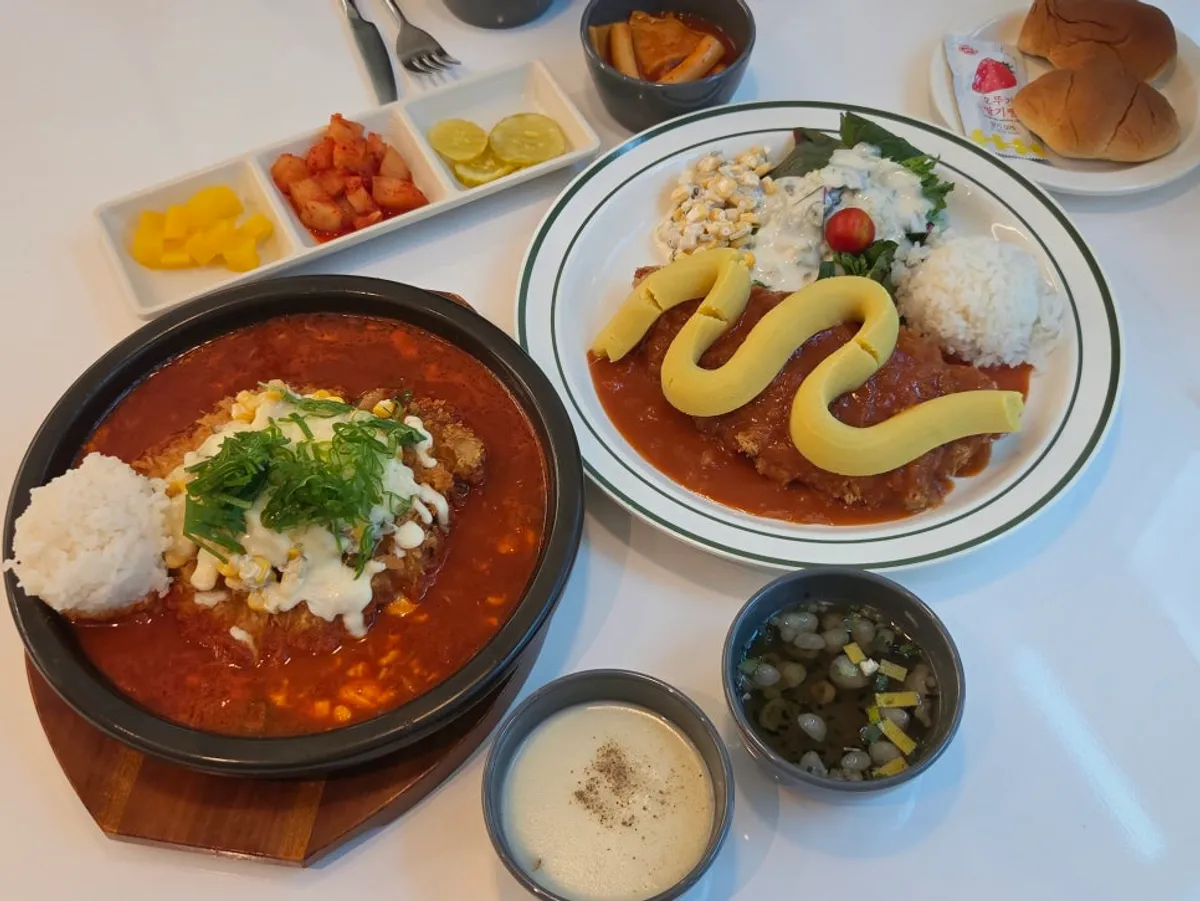 Table setting with hot pot cutlet and sweet potato cheese cutlet