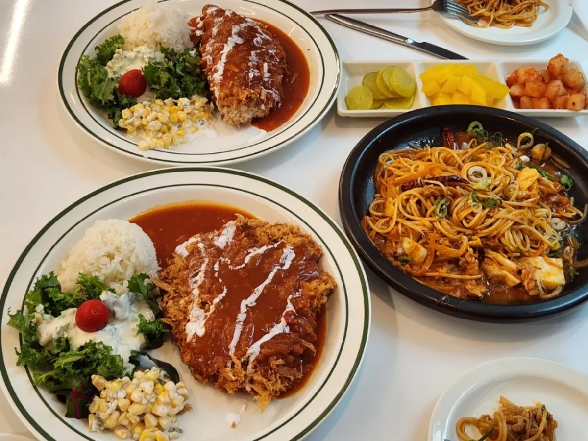 Regular pork cutlet, cheese pork cutlet, and mala stir-fried pasta together