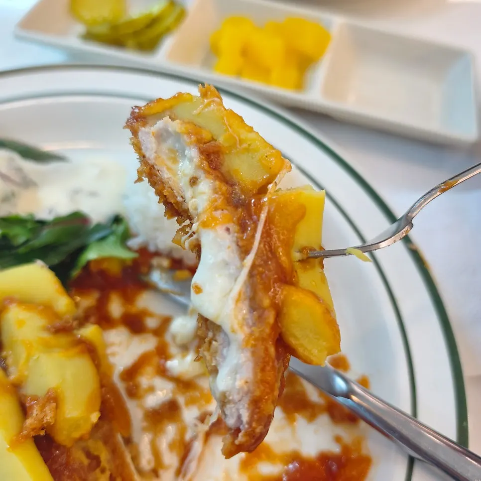 Crispy pork cutlet picked up together with the salad