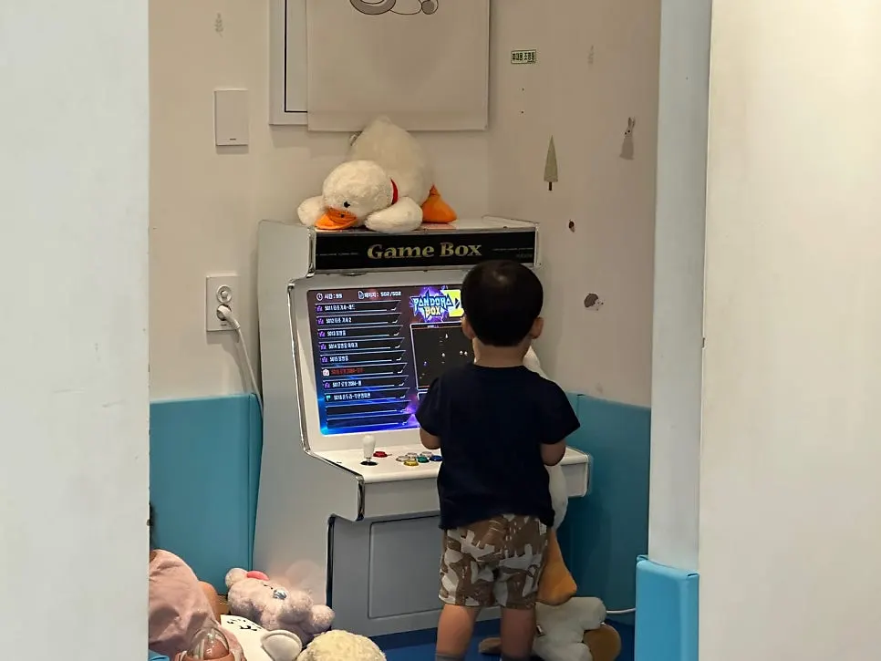 Inside the play room with a game console and dolls