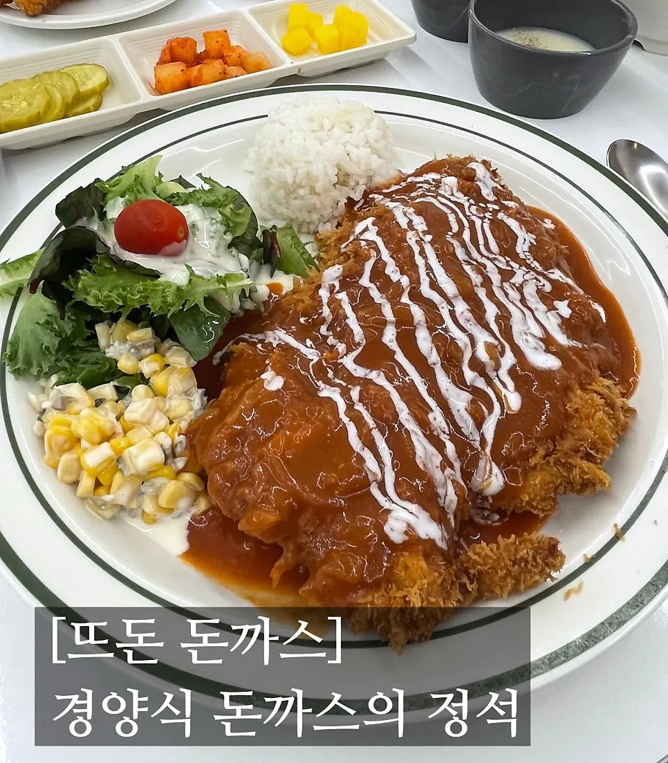 넓은 접시를 채운 뜨돈 돈가스 메인