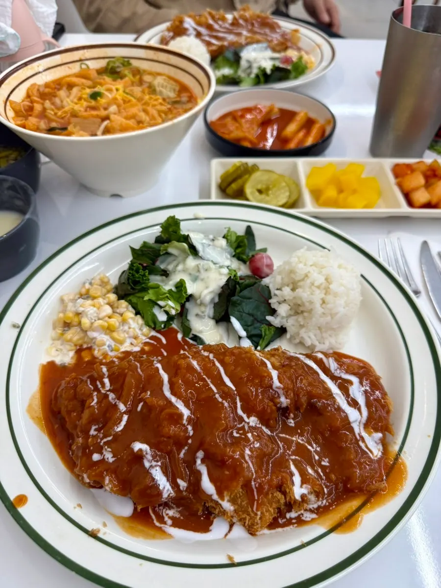 Pork cutlet plate served with salad and dressing