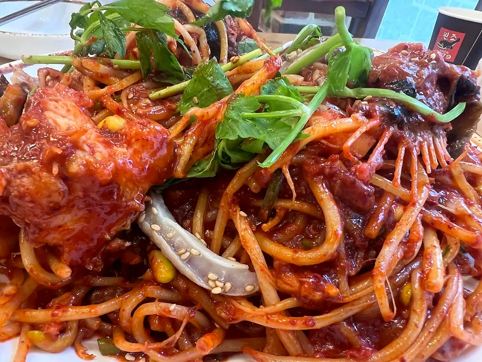 Monkfish intestine sujeuk and minari topping