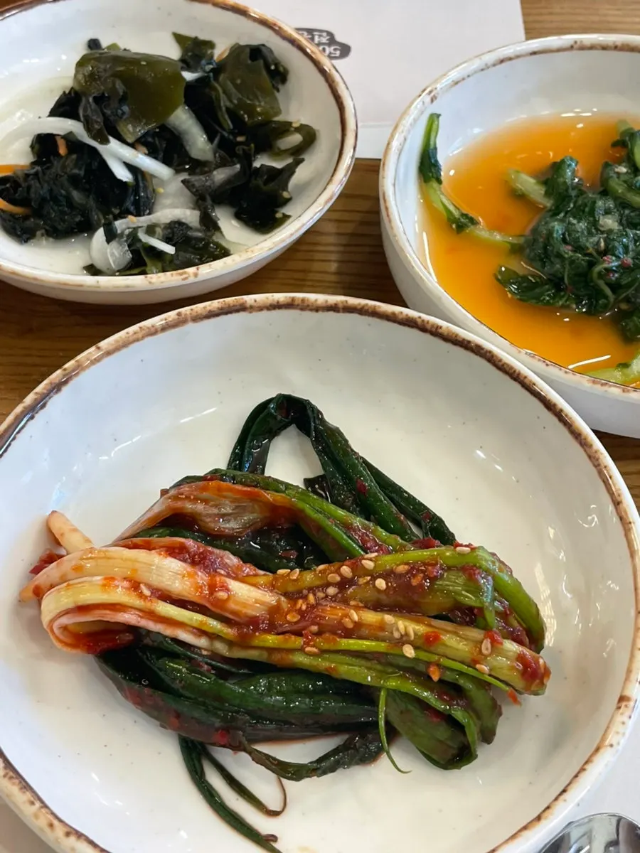 Green onion kimchi and seaweed salad from the self-bar